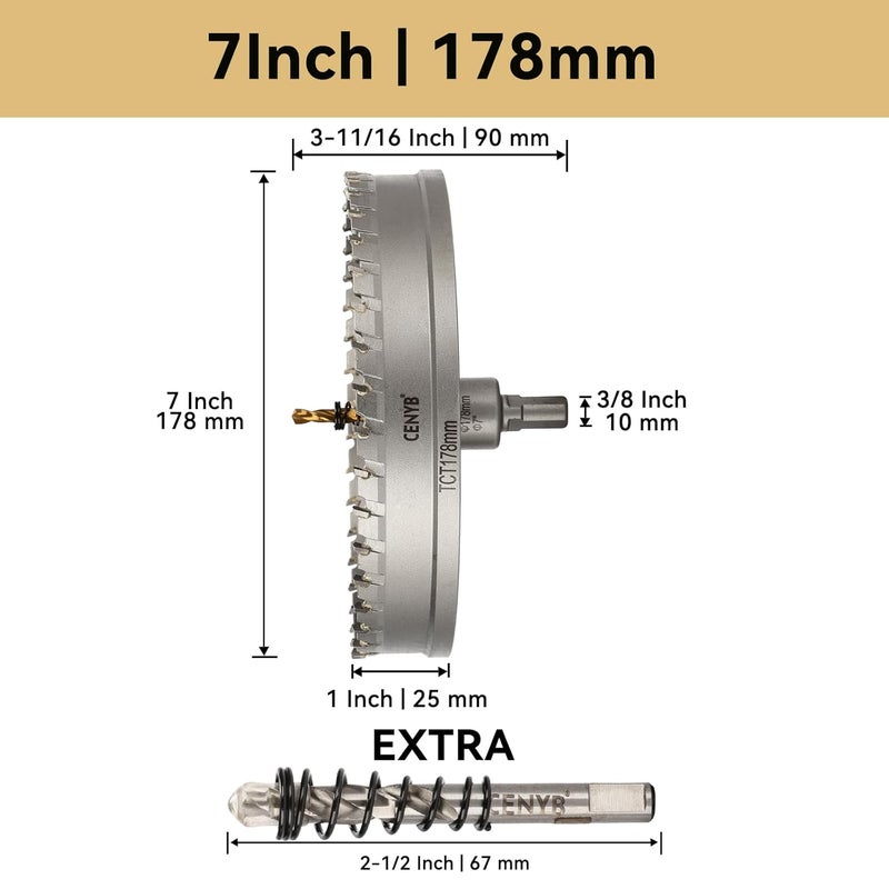 cenyb 7" (178mm) Tungsten Carbide Tipped Hole Saw with 2Pcs Titanium-Plated Pilot Drill Bits for Hard Metal,Stainless Steel,Iron,Aluminum Alloy,Wood and Plastic - Image 2